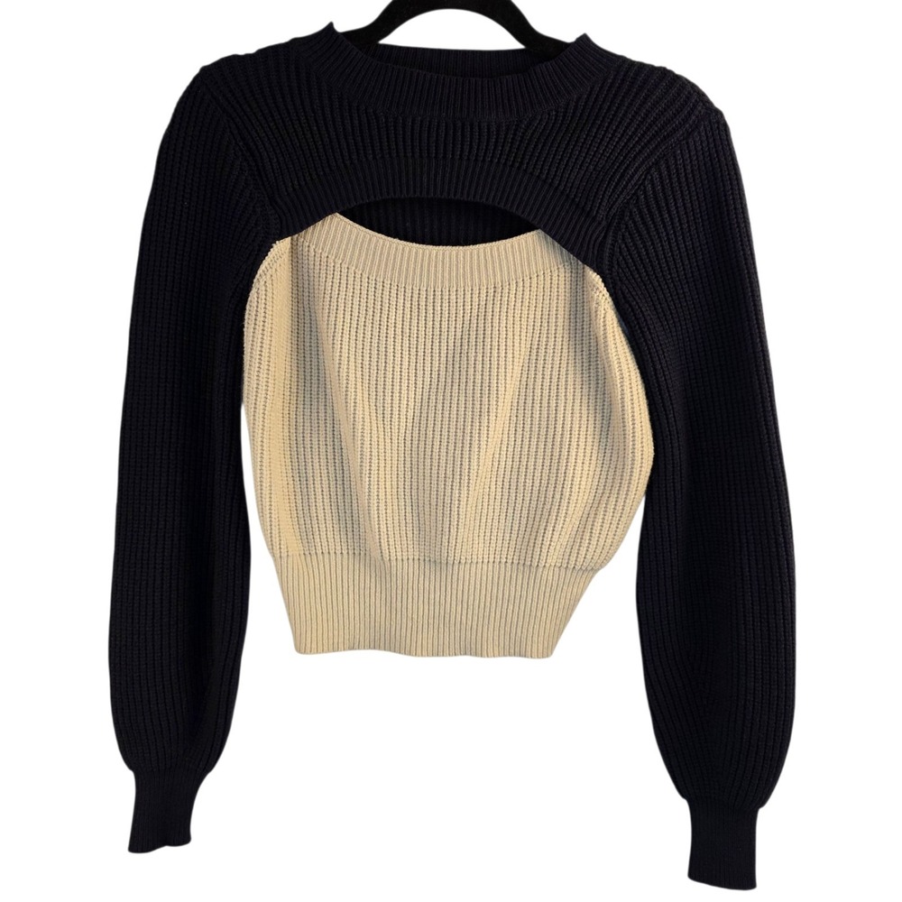 Dee Elly Women's Cut Out Sweater Small Navy Ivory Colorblock Ribbed Long‎ Sleeve